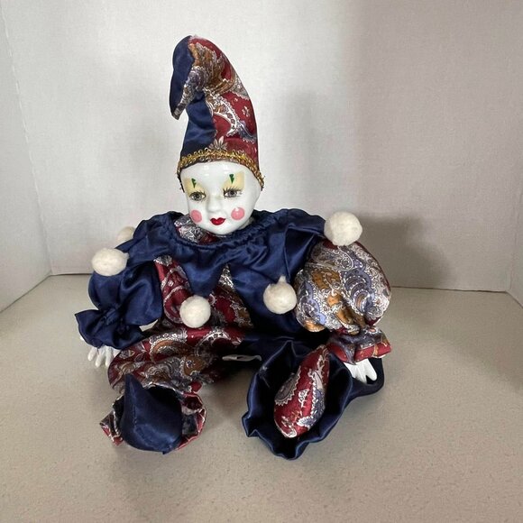 VTG Y2K Porcelain Pierrot Jester Shelf Sitter Mardi Gras Doll - Picture 11 of 12
